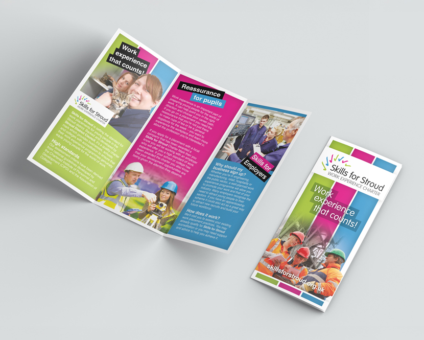 A 6pp DL leaflet designed for the Skills for Stroud Work Experience Charter