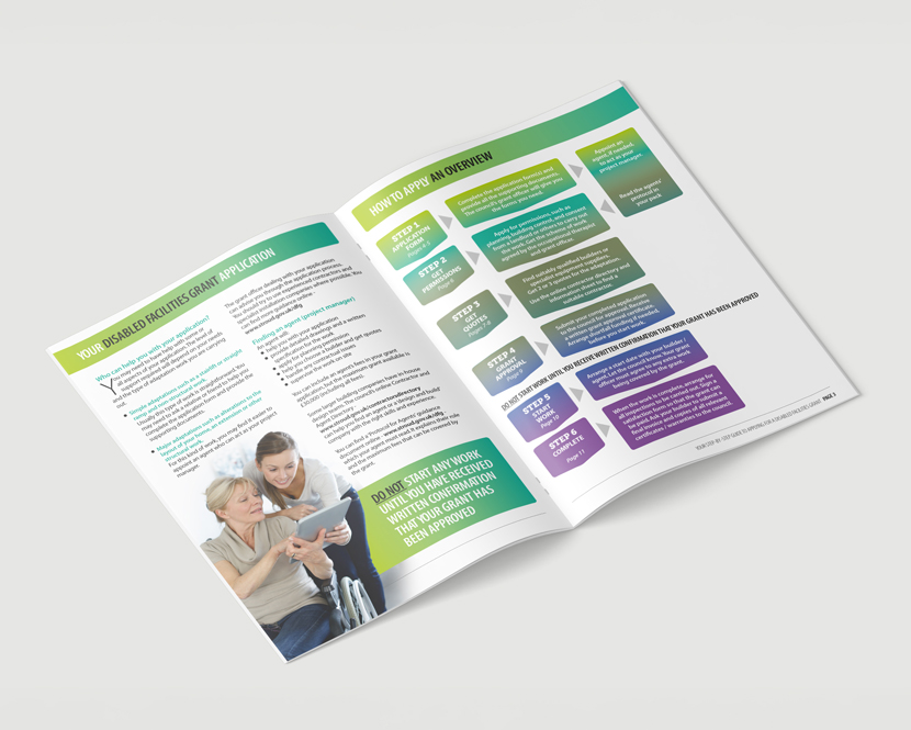 A stapled booklet on applying for a disabled facilities grant