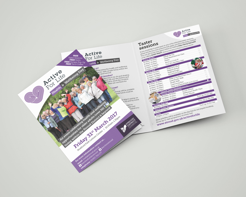 A folded flyer promoting the Active For Life Health and Wellbeing Day